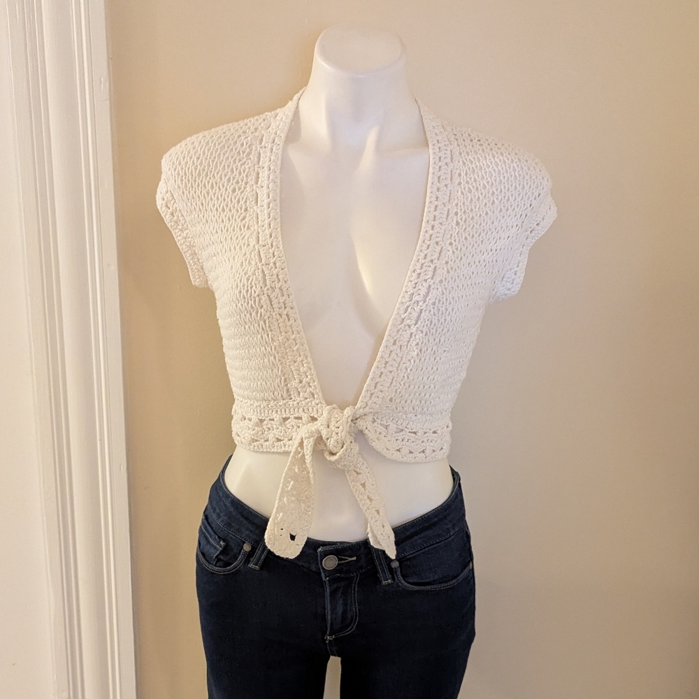 Ann Taylor Loft white crochet tie sweater size S